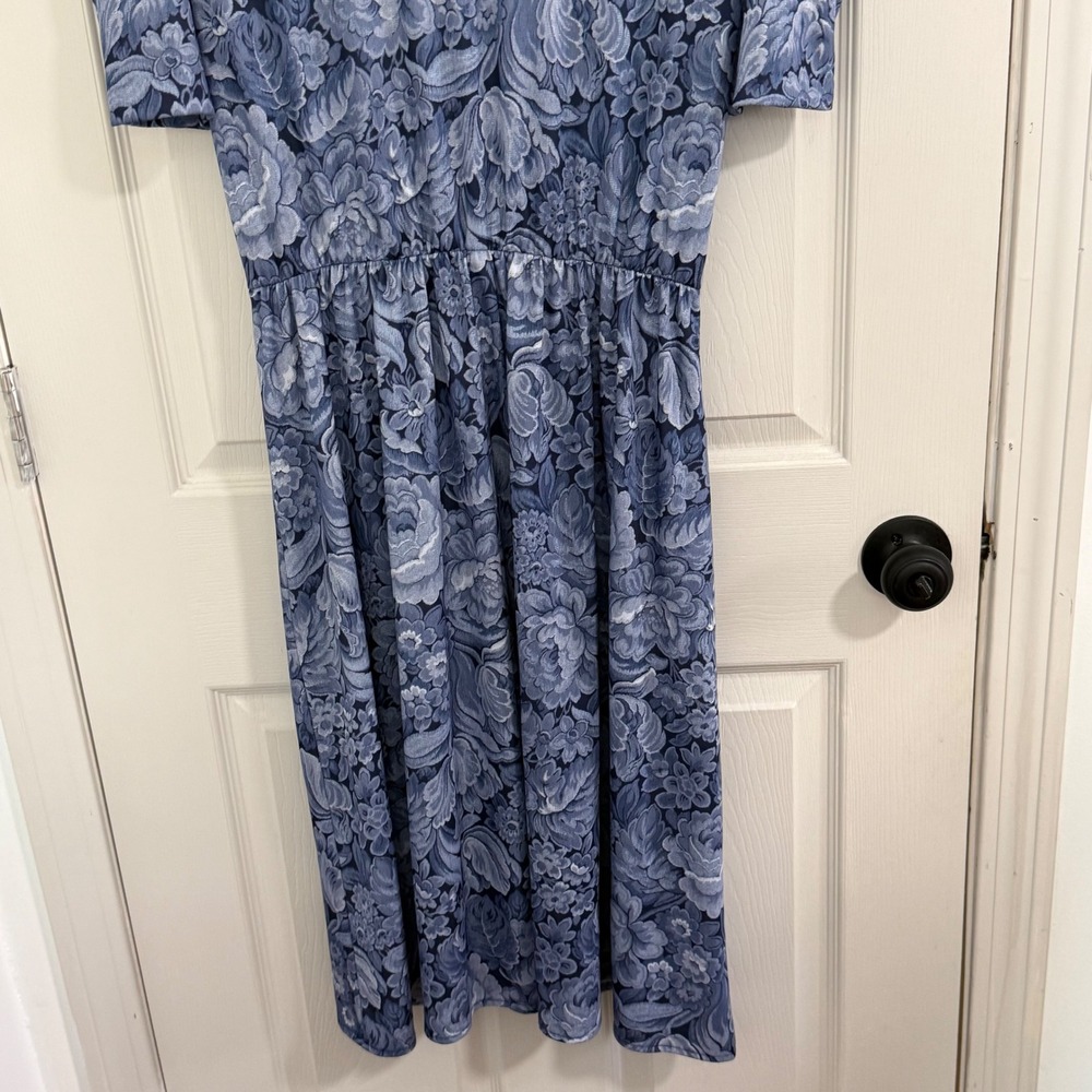 Tabby of California Blue Floral Midi Dress Vintage 90s Puff Sleeve Petite 16P - Picture 6 of 11